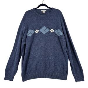 Geoffrey Beene Argyle Sweater Men's XXL Blue White 100% Cotton Long Sleeve